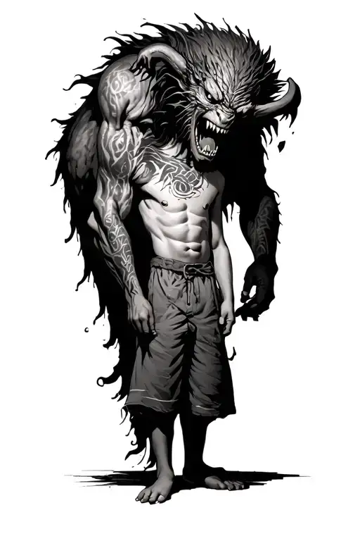 A Boy Standing With A Big Scary Demon Wrapped Around Him