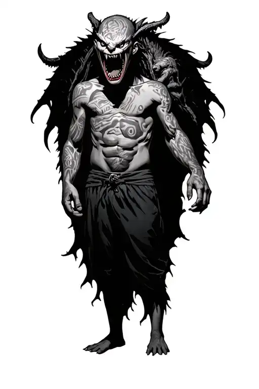 A Faceless Boy Standing With A Big Scary Demon Wrapped Around Him