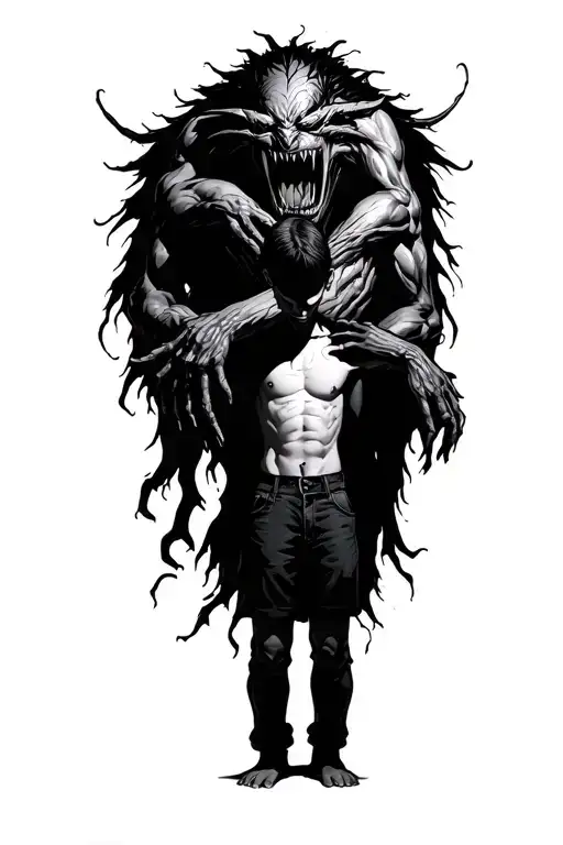 A Faceless Boy Standing With A Big Scary Demon Wrapped Around Him