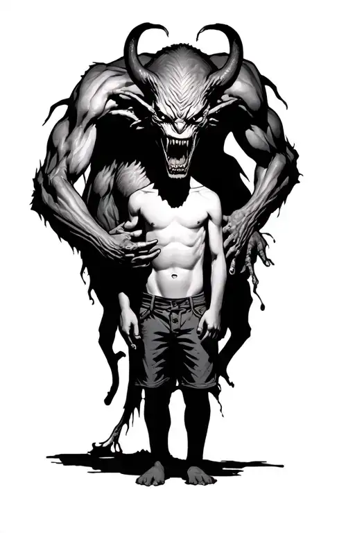 A Faceless Boy Standing With A Huge Scary Demon Wrapped Around Him