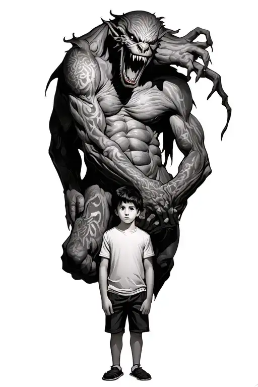 A Boy Standing With A Giant Scary Demon Wrapped Around His Body