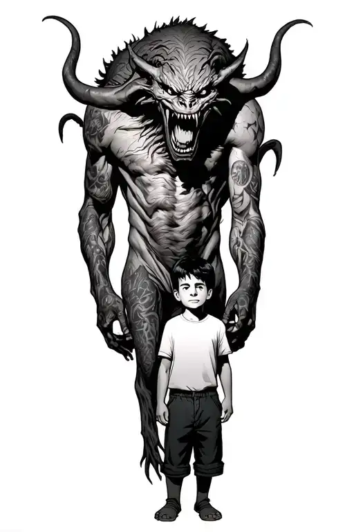 A Boy Standing With A Giant Scary Demon Wrapped Around His Body