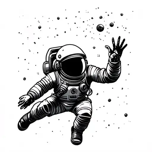 The Cosmonaut In Space Trying To Catch Something With One Hand Extended Up