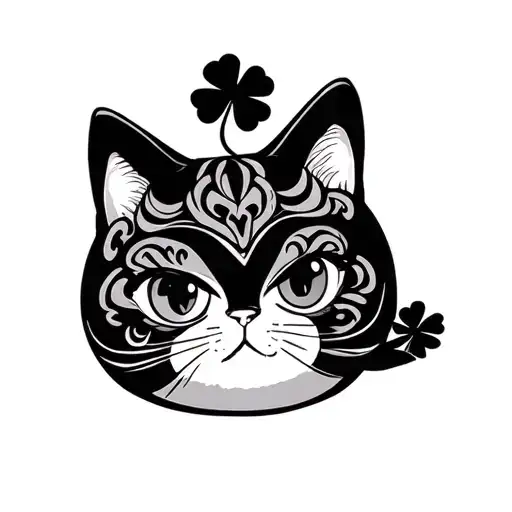 Daruma Doll And Mekeni Cat And Clover Leaf With Waves