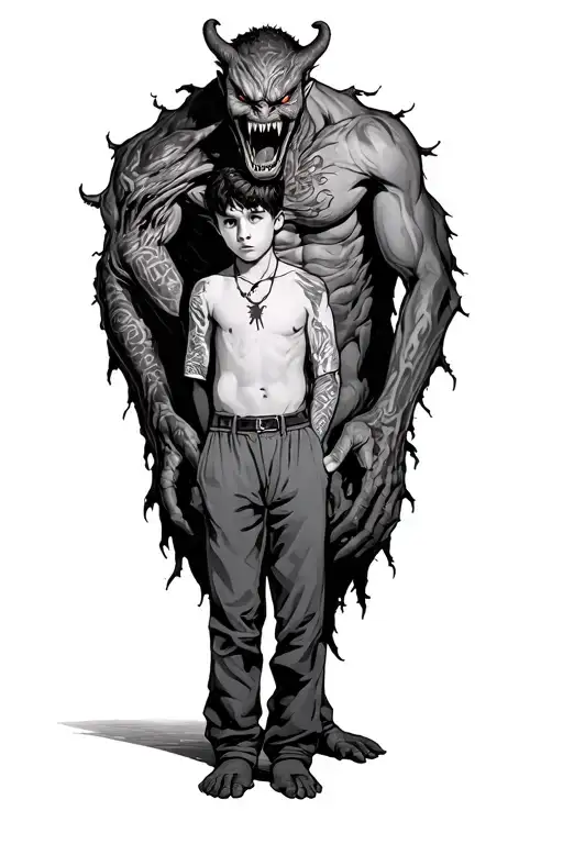 A Boy Standing In Clothes With A Giant Scary Demon Wrapped Around His Body