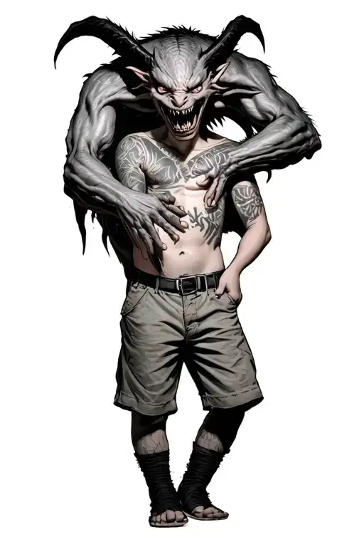 A Boy Standing In Clothes With A Giant Scary Demon Wrapped Around His Body