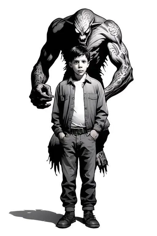 A Boy Standing In Clothes With A Giant Scary Demon Standing Behind Him