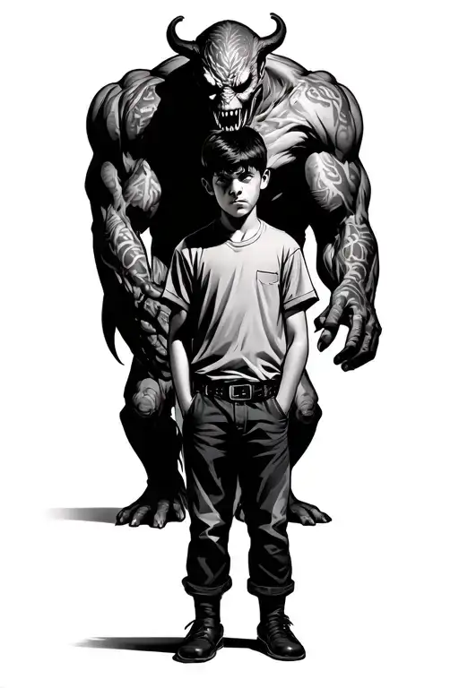 A Boy Standing In Clothes With A Giant Scary Demon Standing Behind Him
