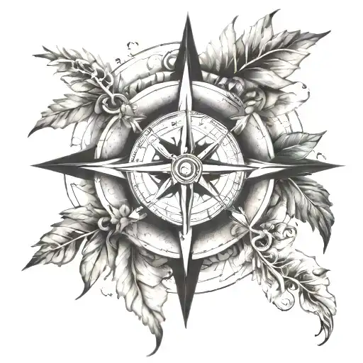 A Compass Rose Intertwined With Elements Of Nature Like Mountains And Trees