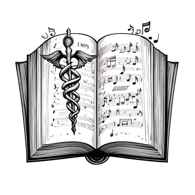 Open Book With Staff Of Asclepius And Musical Notes
