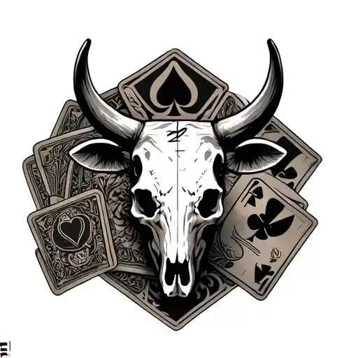 Western Cow Skull With Playing Cards And Skeleton