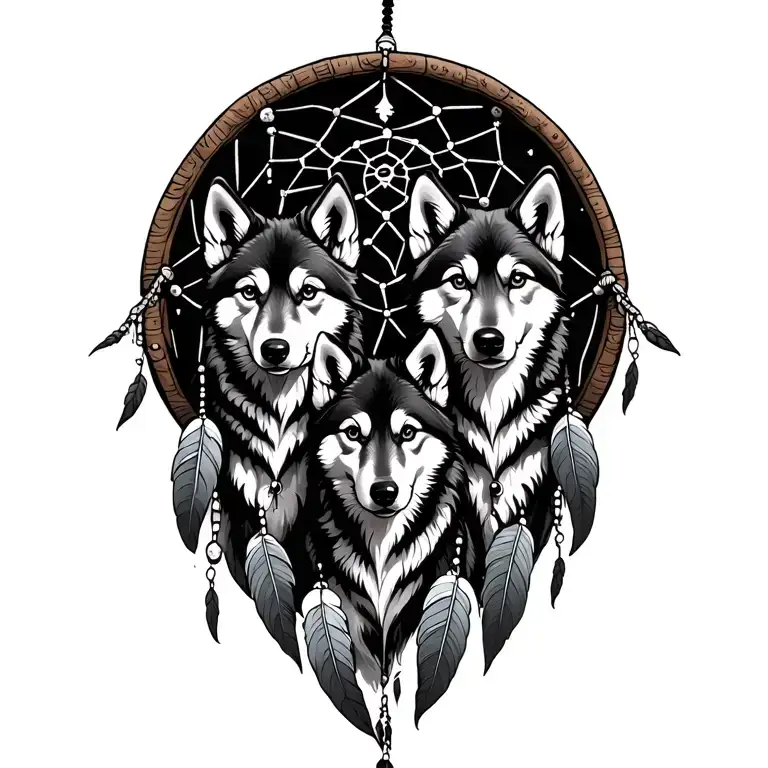 Three Wolf Pups Inside A Dream Catcher