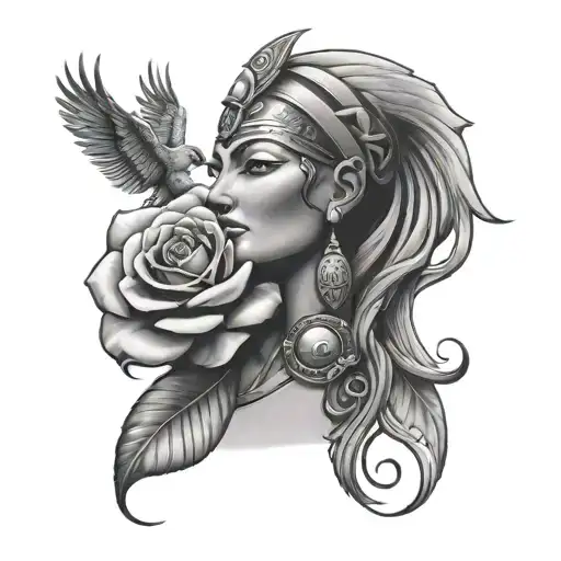 Large Tatto With Grey Roses And Isis Egyptian