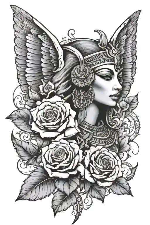 Large Tatto With Grey Roses And Isis Egyptian
