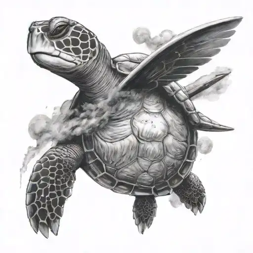 A Surreal Scene Of A Turtle Artist Painting A Galaxy On A Canvas With An Airplane Flying Overhead