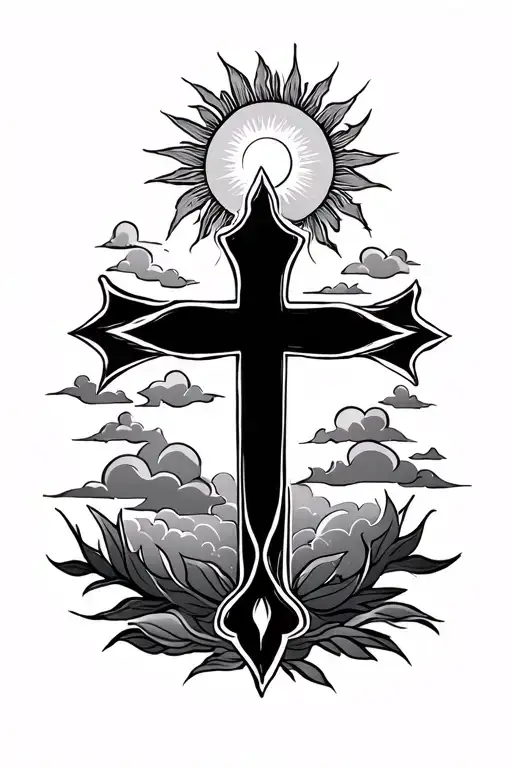 Cross Sillohette With Sun And Clouds