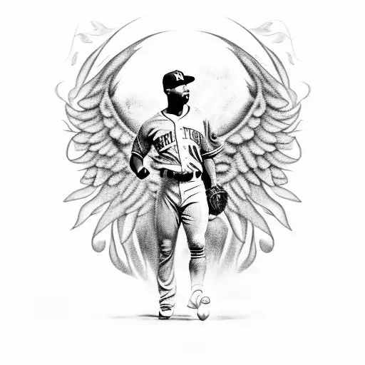 A Black And Grey Portrait Of A Baseball Player With Angel Wings And Sunflowers In The Background