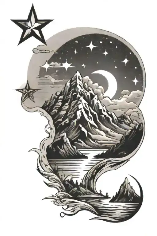 Beach And Mountain Peak With Star