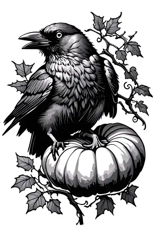 Crow Sitting On Pumpkin Vine Thin Outline