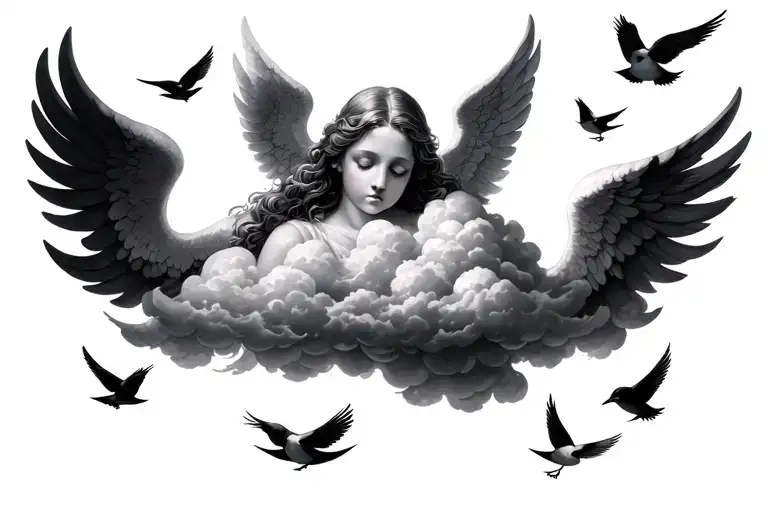 Clouds With Small Birds In The Background With Angels Up Front Sleeping