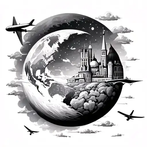 Half Moon Half World With Landmarks And Plane Flying In The Sky Expanding