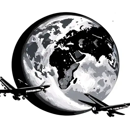 Half Moon Half World And Plane Flying In The Sky Background