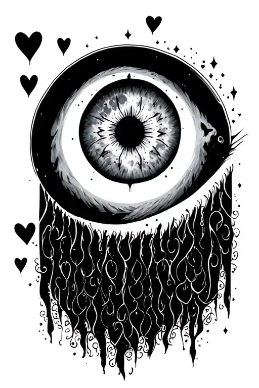 Evil Eye Surrounded By Full Moon Cycle And Three Small Black Hearts
