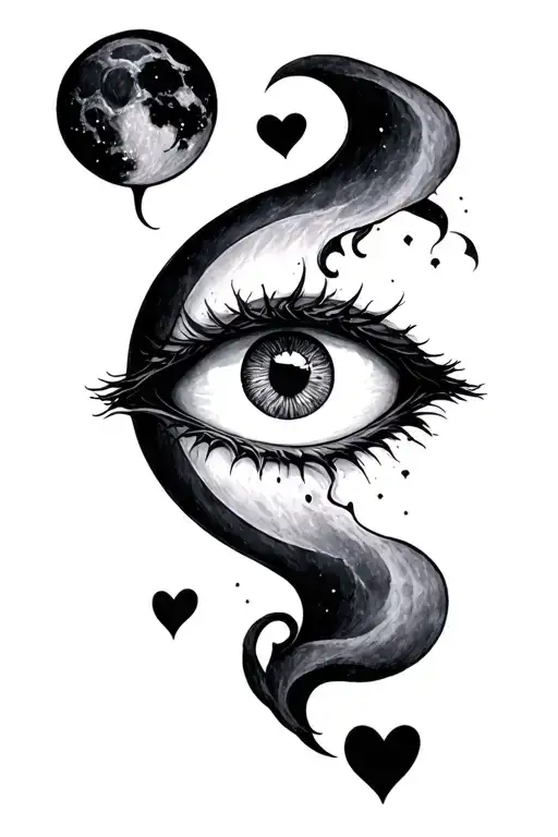 Evil Eye And Full Moon Cycle And Three Small Black Hearts