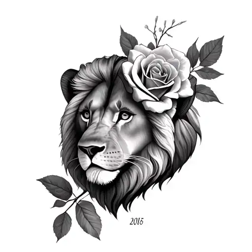 Feminine Small Rose With Date On Neck And Lion