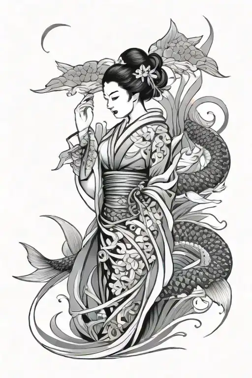 Attractive Geisha Standing In Koi Pond With Abstract Scenery And Waterfall