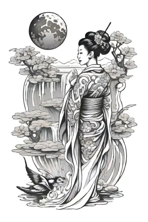 Attractive Geisha Standing In Koi Pond With Abstract Scenery And Waterfall And Moon