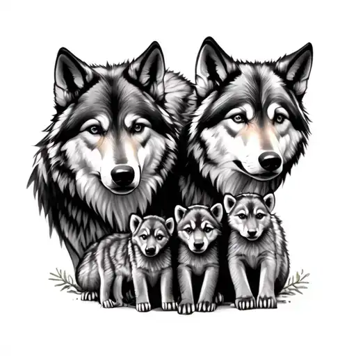 Three Wolves And 3 Baby Cubs