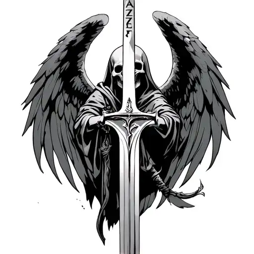 Angel Of Death Holding A Sword And On The Hilt The Name Azrael Appears