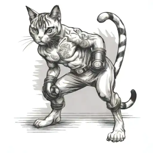 A Cat Boxer Stands In A Fighter's Stance Wearing Boxing Gloves Black