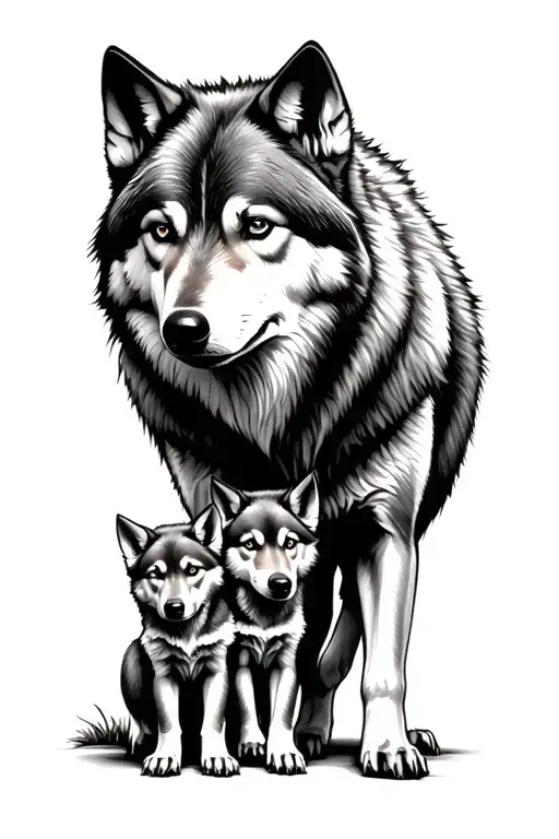 Father Wolf With Three Wolf Pups In Front Of Him Looking At Them