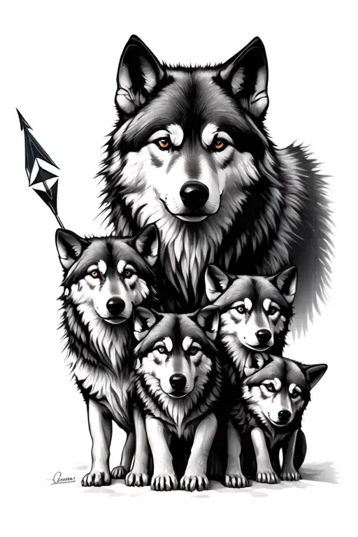 Arrow And 5 Wolves Momm And 4 Cubs