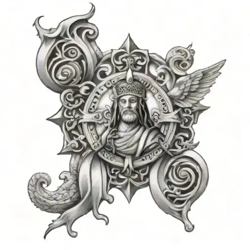 Black And Grey Tattoo That Fits With Religious Theme On Right Side Of Chest