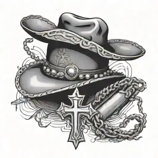 Cross With Rosary Wrapped And Cowboy Hat On Top