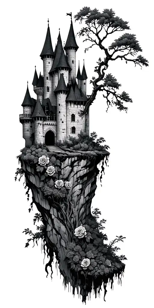 Dark Gloomy Castle On Cliff With Tree Vines Going Up And Rose Bushes Underneith