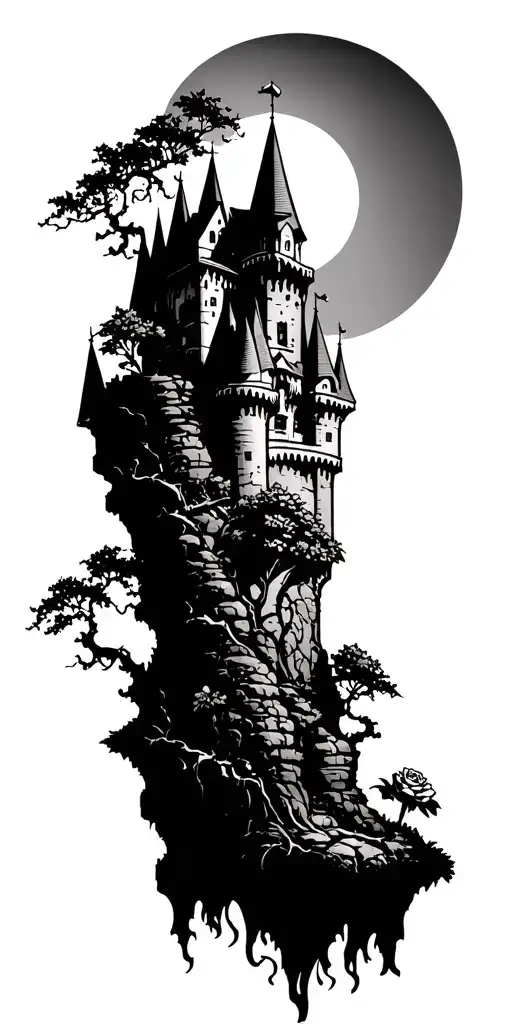 Dark Gloomy Castle On Cliff With Tree Vines And Rose Bushes Underneith