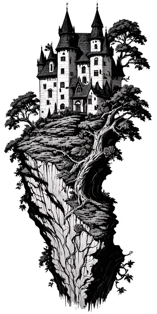 Dark Gloomy Castle On Cliff With Tree Vines And Rose Bushes Underneith