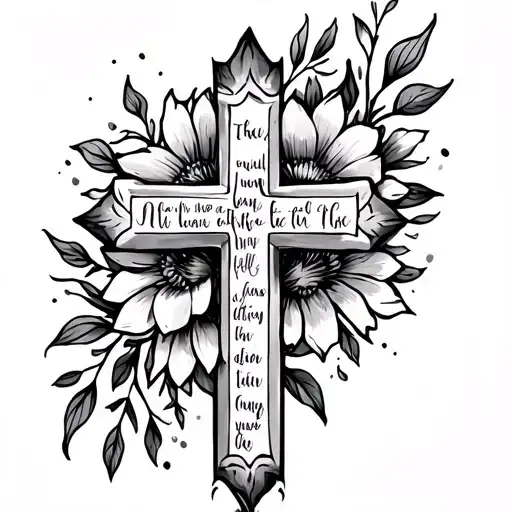 Small Cross With Flowers On It And A Bible Verse On The Side Going Upwards Behind Ear