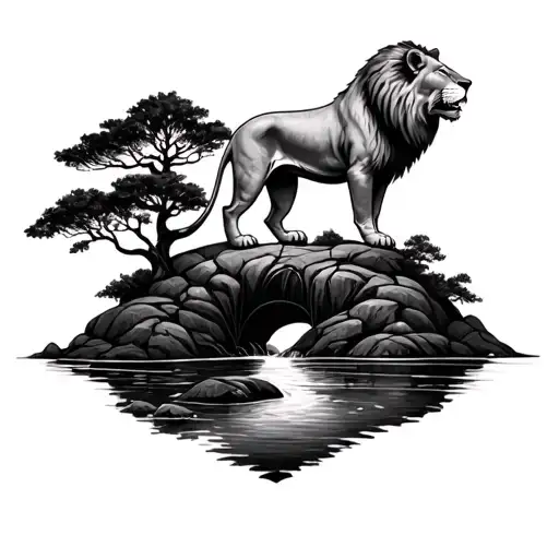 Tree By Stream With Lion On Top