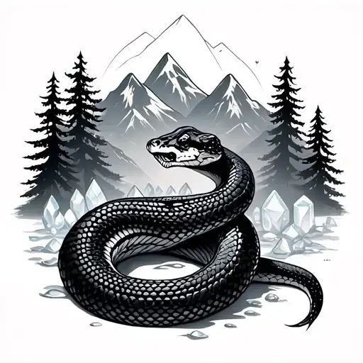 Snake With Crystals Mountains And Pine Trees