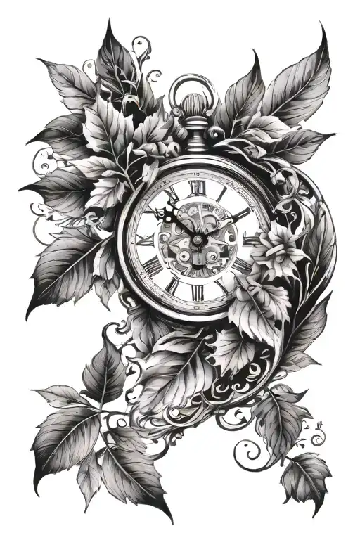Half Sleev Tattoo With A Clock Surrounded By Leaves