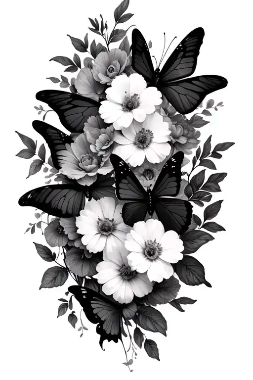 Flowers And Butterflies Flying Together