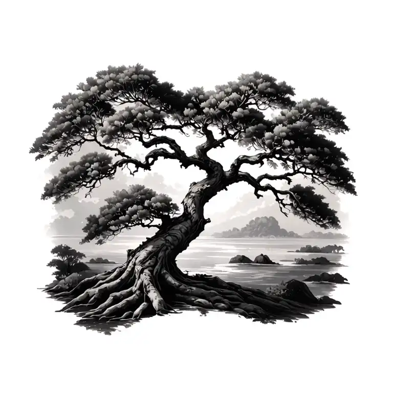 Realism Black And Grey Olive Tree