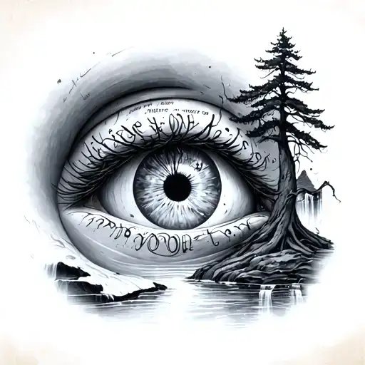 Eyeball With Bible Verse Coming Out The Eye On A Paper And A Tree With A Waterfall In The Background