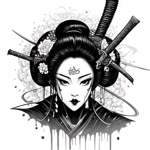 Horny Face Expression Geisha Stab Through The Head Bleeding With A Katana Sword