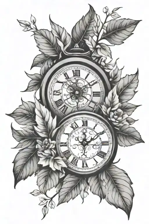 A Clock Surrounded By A Bunch Of Leaves